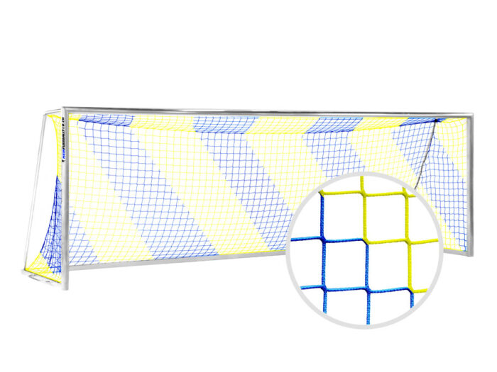 Tornetz Fussballtor BLAU-GELB – 750 x 250 cm / 200 x 200 cm - Netzbügel